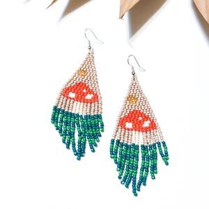 Beaded mushroom dangle earrings #734